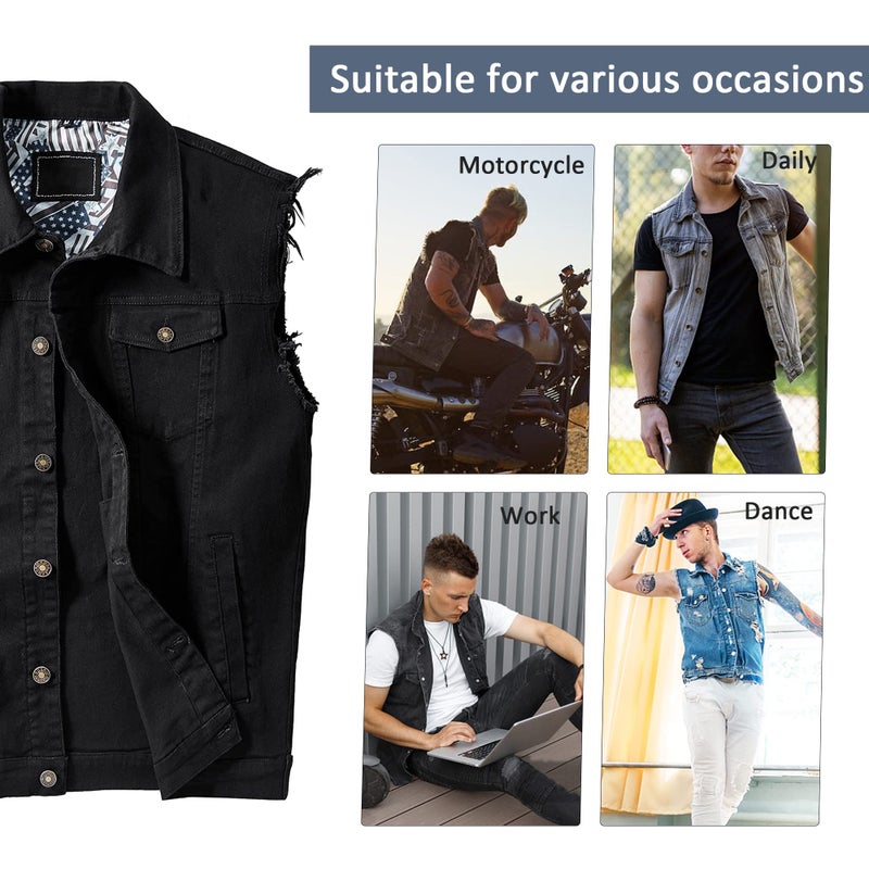 JYG Denim Vest for Men Casual Lapel Trucker Jeans Vests Fashion Vintage Sleeveless Vest (Large, Black) - Image 5